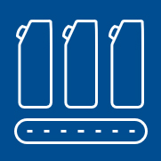 Three outlined bottles on a conveyor belt graphic.