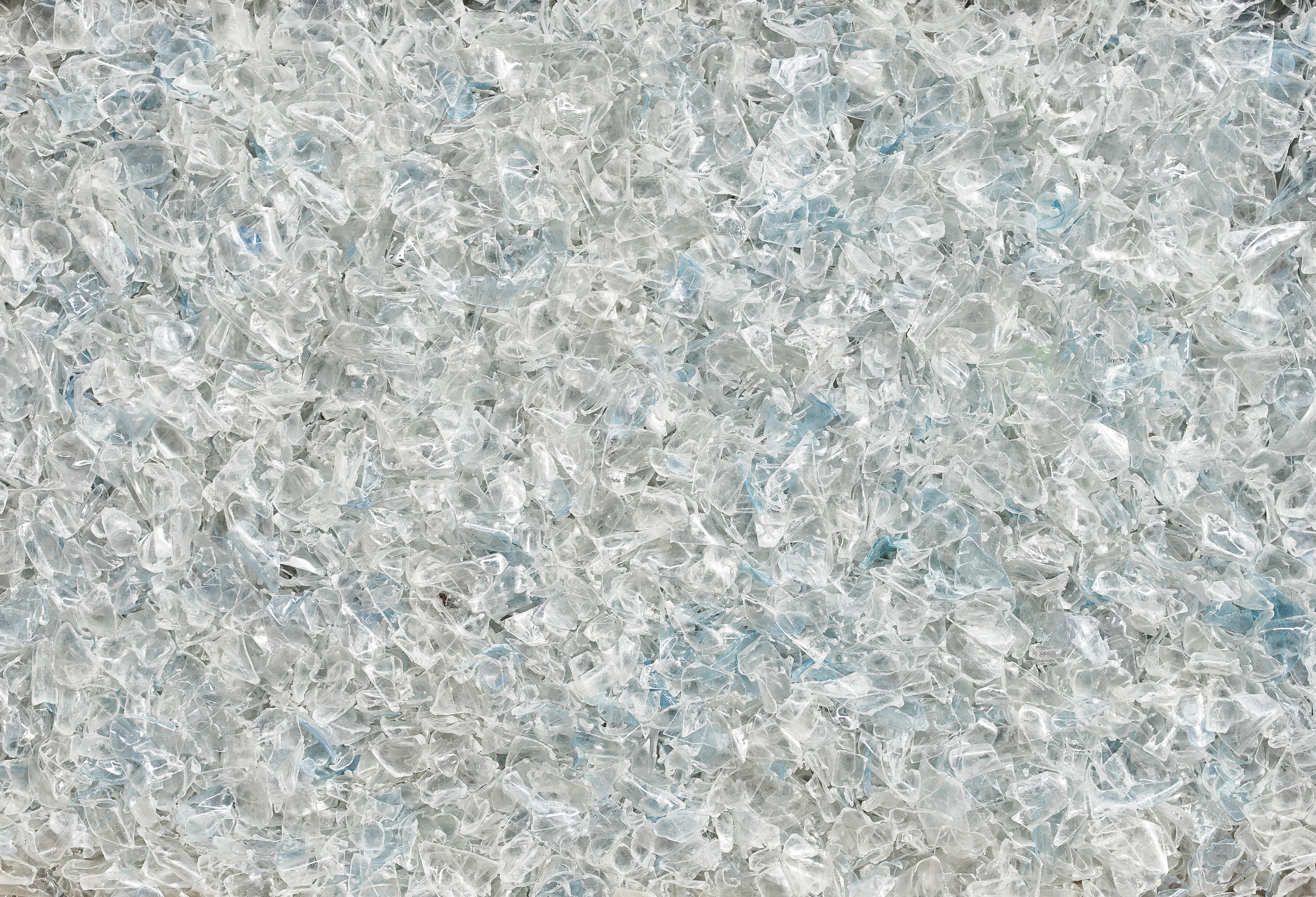 Shredded plastic ready for recycling, mix of clear and light blue pieces.