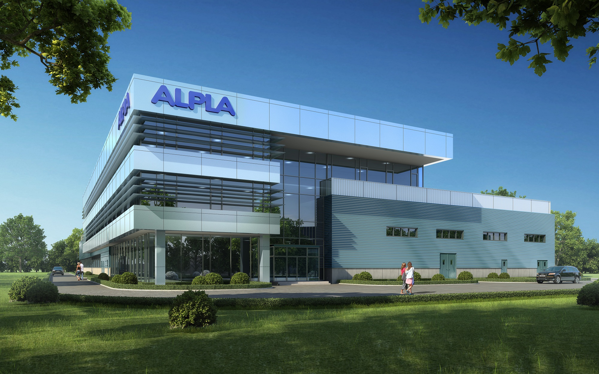 Modern ALPLA building under clear blue sky, lush green surroundings.