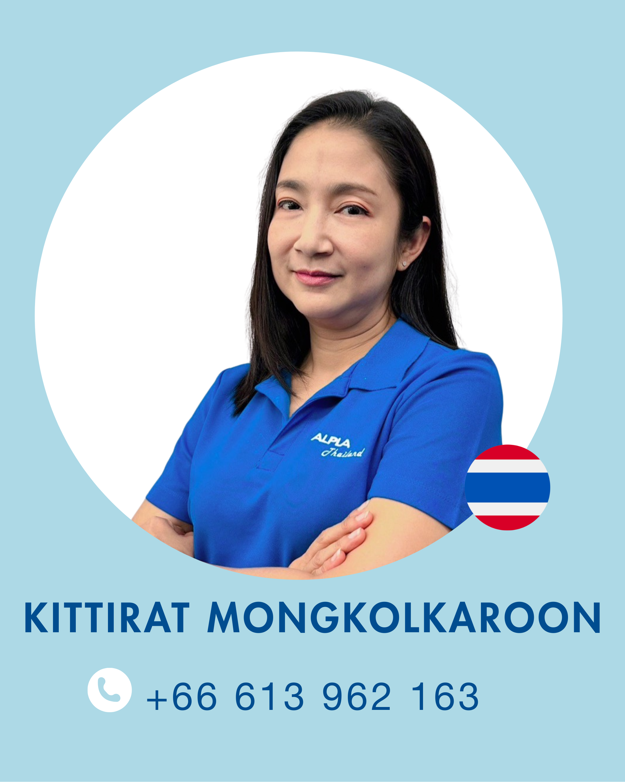 Employee in blue ALPLA polo shirt, Thai flag, contact details displayed.