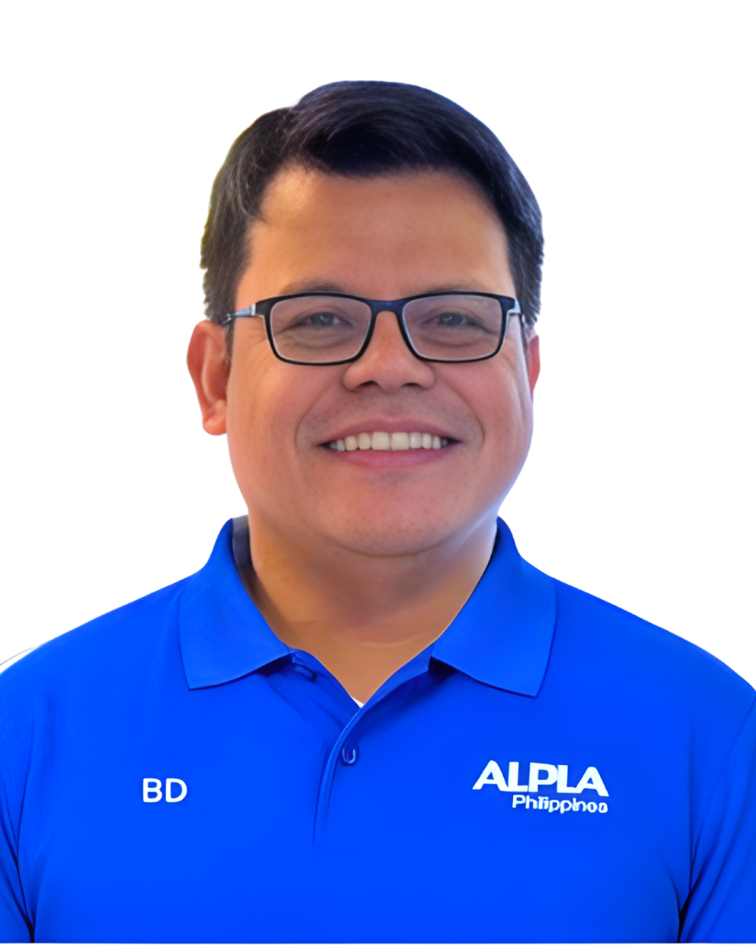 Business Development manager Man in blue ALPLA Philippines polo shirt, smiling with glasses, on a white background.