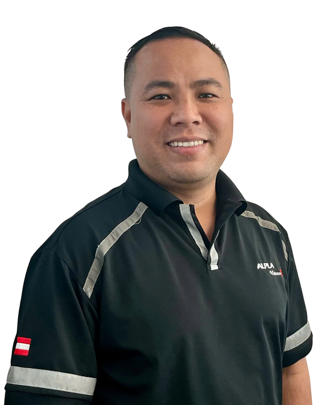 Smiling Business Development manager man in black ALPLA Vietnam polo shirt with ALPLA logo, white background.