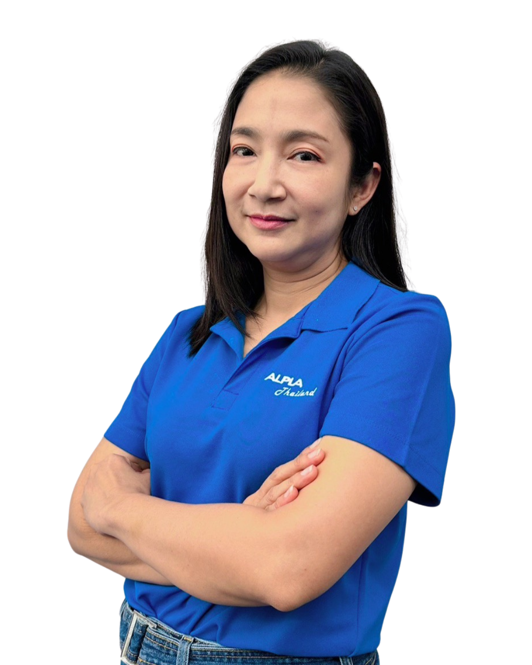 Woman Business Development manager in blue ALPLA shirt, arms crossed, smiling confidently.