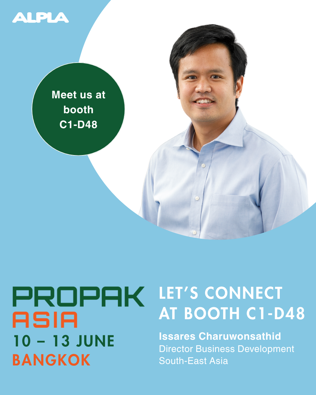 ALPLA logo and event details for ProPak Asia, June 10-13, Bangkok.