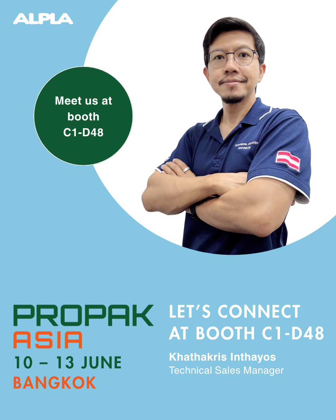 ALPLA logo, person in blue shirt, ProPak Asia event details.