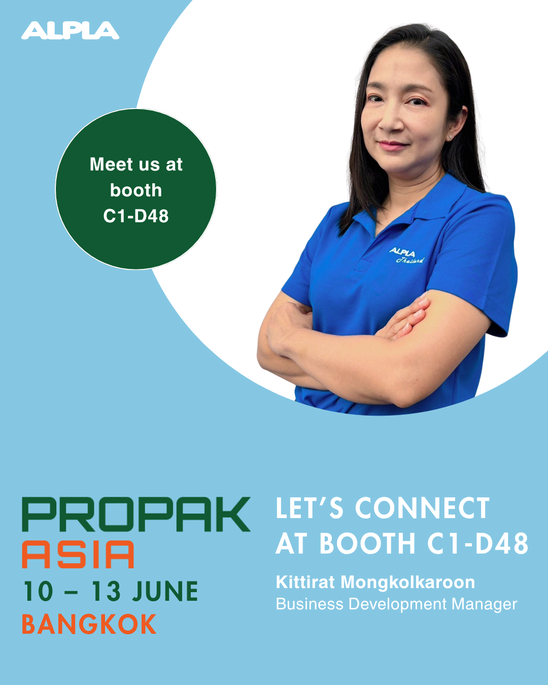 ALPLA logo, woman in blue shirt, Propak Asia event details, Bangkok.