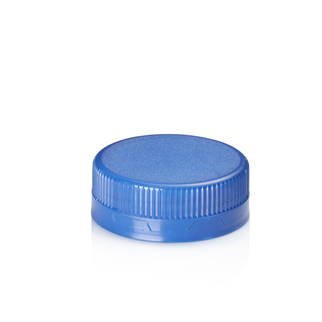 Blue plastic tethered bottle cap on a white background manufactured by alpla