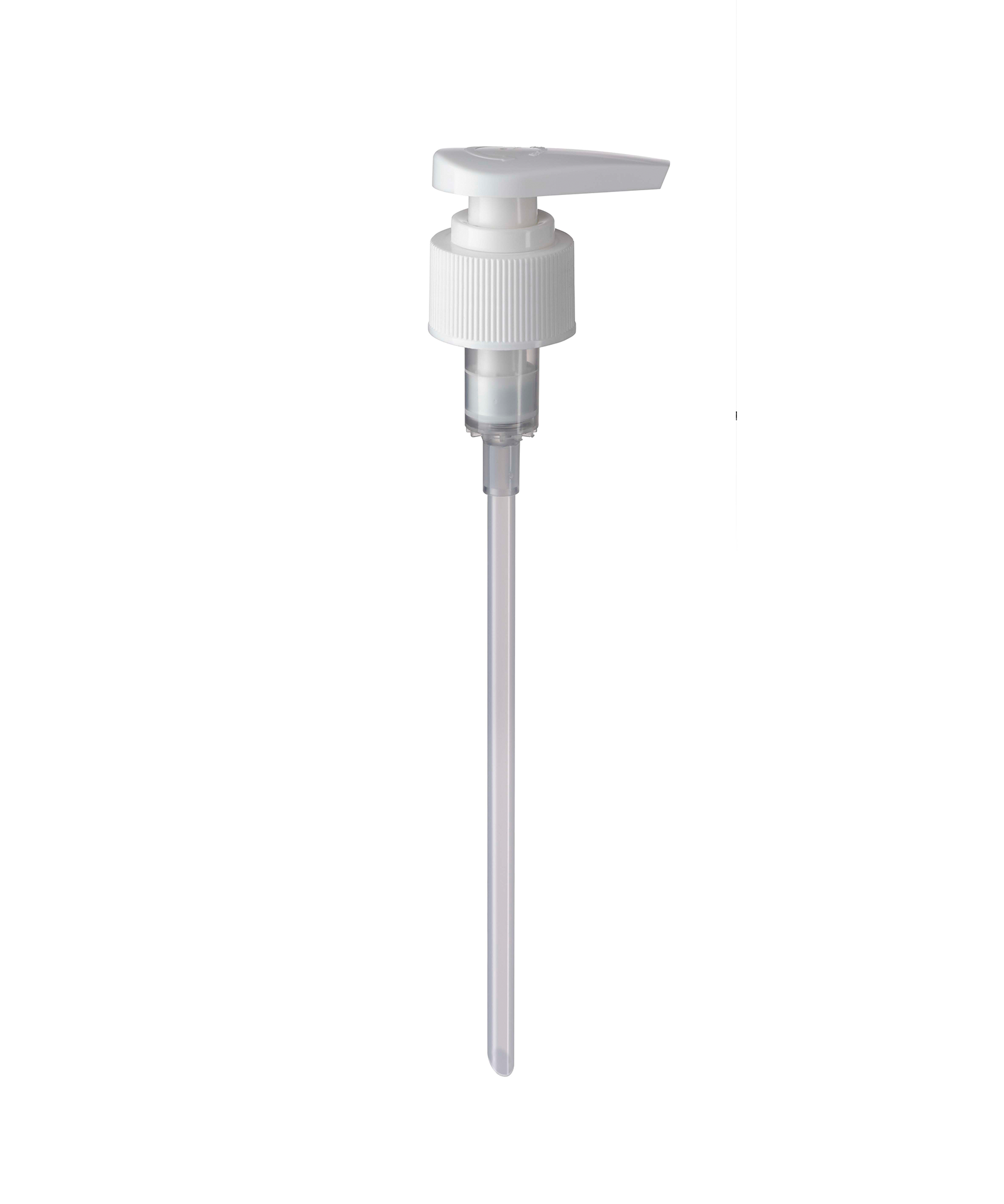 White plastic pump dispenser with a long tube, suited for liquid containers.