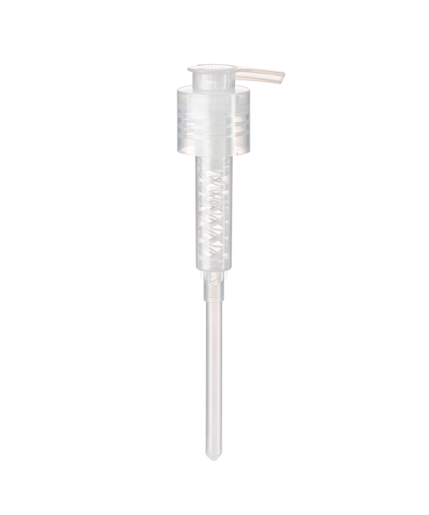 Transparent plastic pump dispenser on white background.
