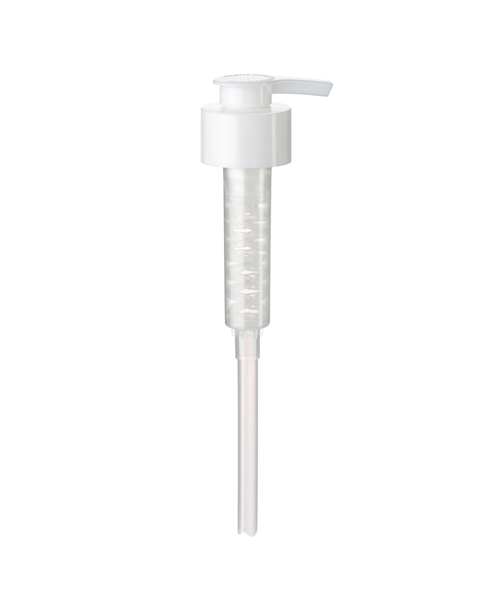 White plastic pump dispenser with a clear nozzle.