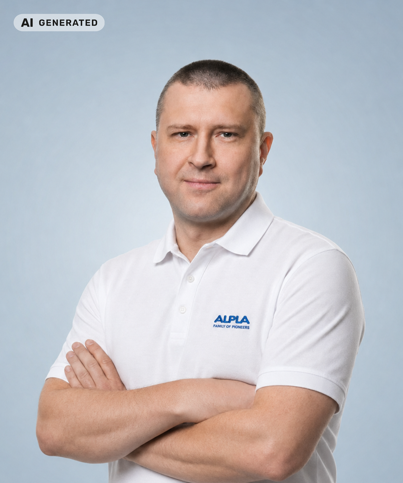 Man in white ALPLA polo shirt with arms crossed, light blue background.