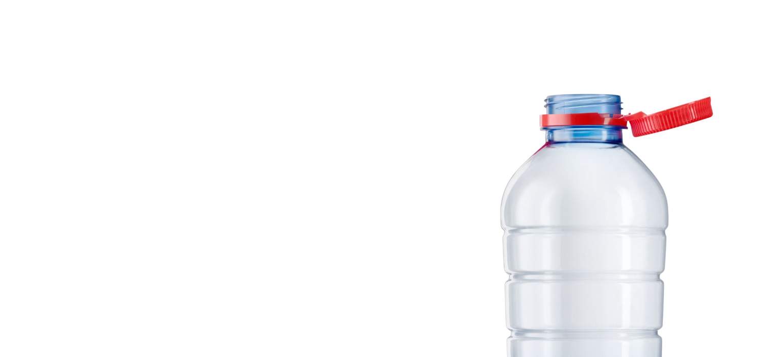 Transparent water bottle with tethered blue cap.