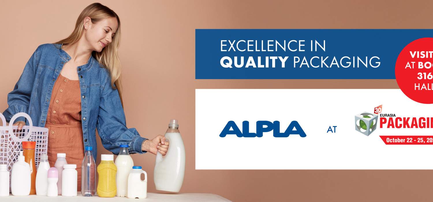 Woman arranging plastic bottles; ALPLA logo beside packaging excellence text.