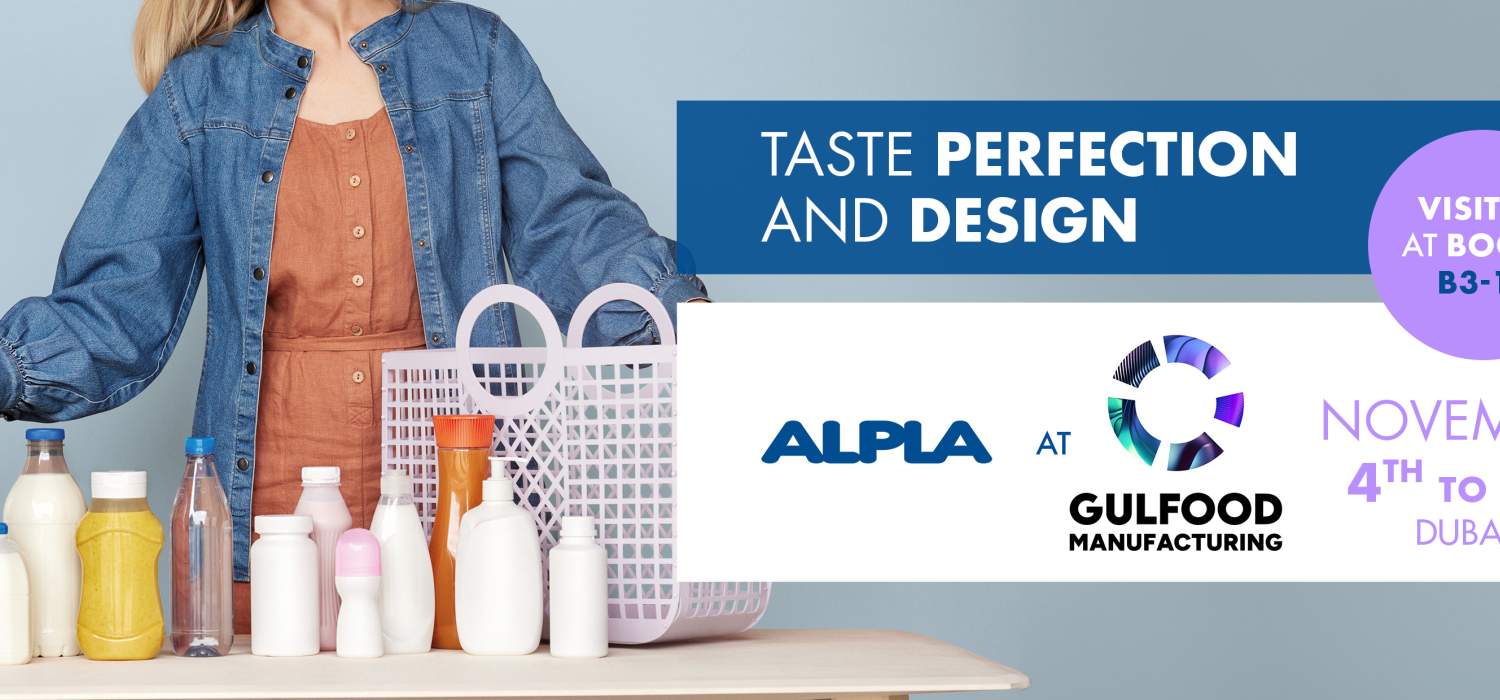 Person holds plastic bottles; ALPLA and Gulfood Manufacturing logos on the side.
