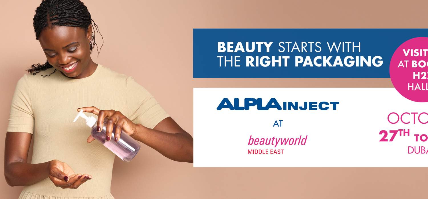 Woman smiling, applying lotion from a pump bottle; ALPLA packaging event details.