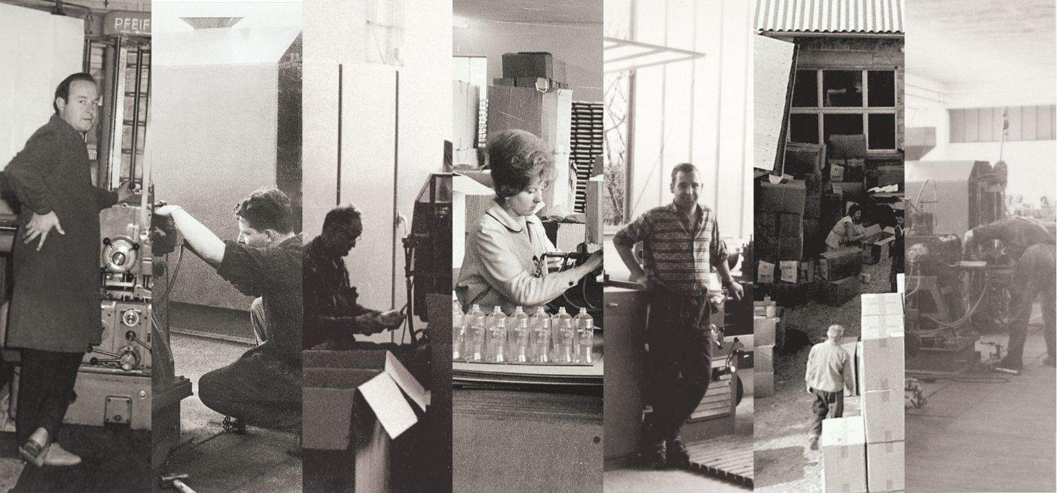 Black and white collage of workers in a packaging facility.