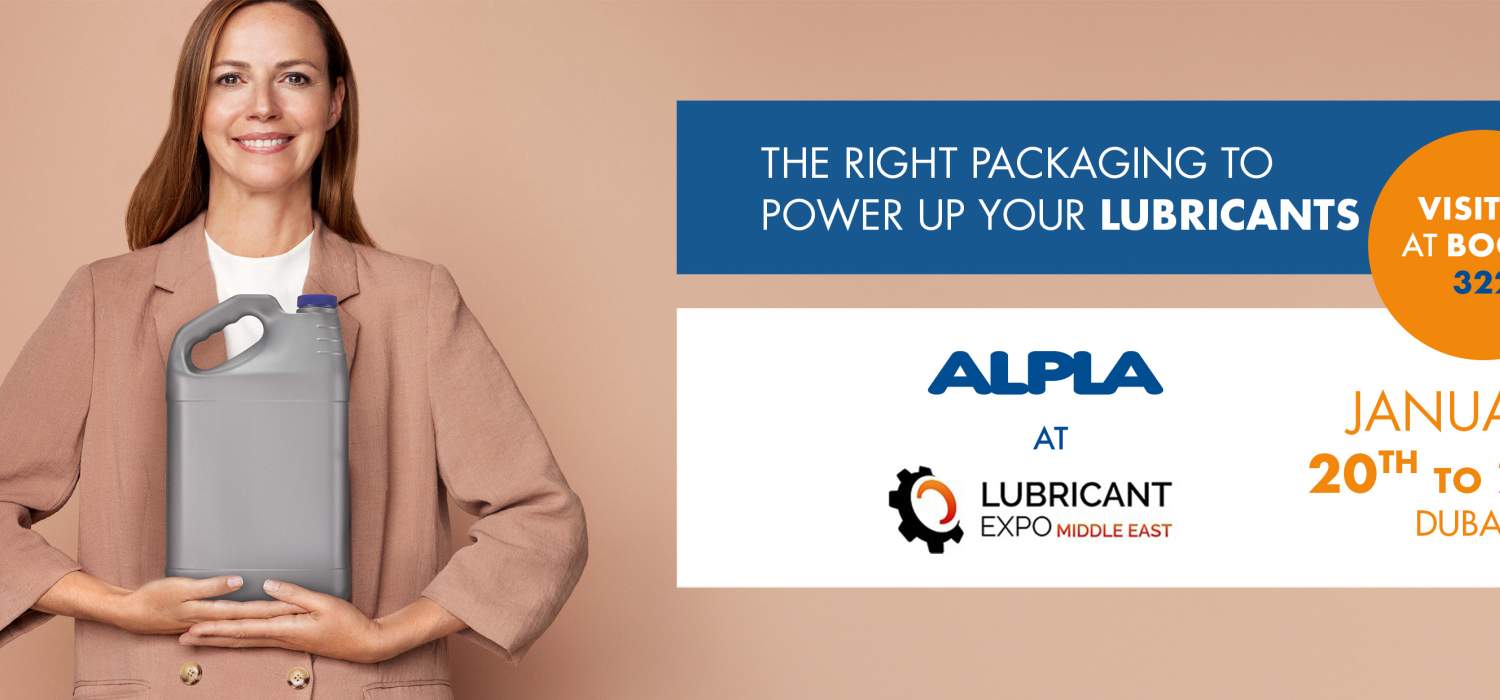 Smiling woman holding a large plastic container; ALPLA trade event details on the right.