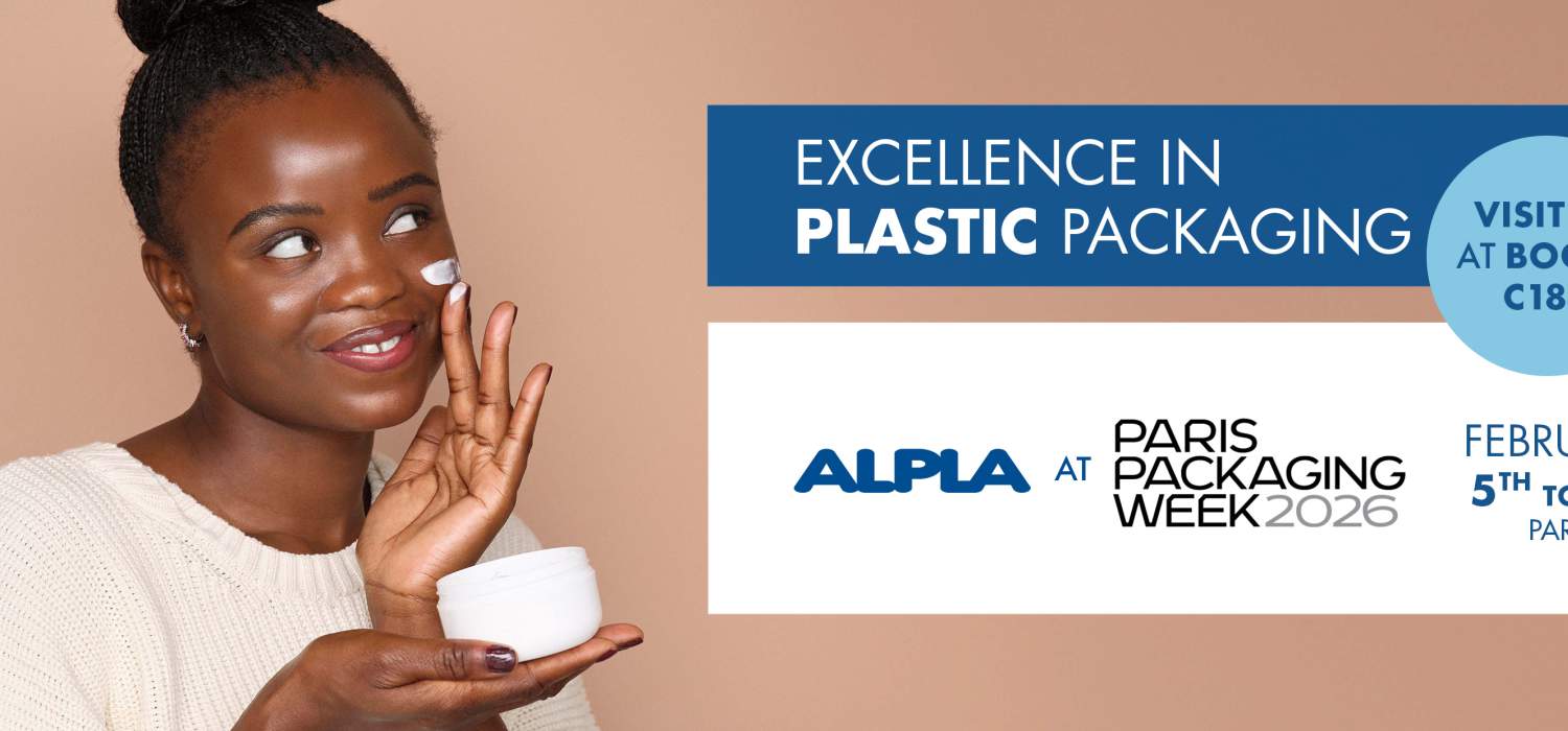 Woman applying cream next to ALPLA event promo graphic.