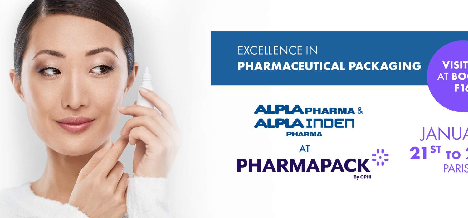 Elegant woman smiling, holding her cheek, with PharmaPack event details beside her in bold text.