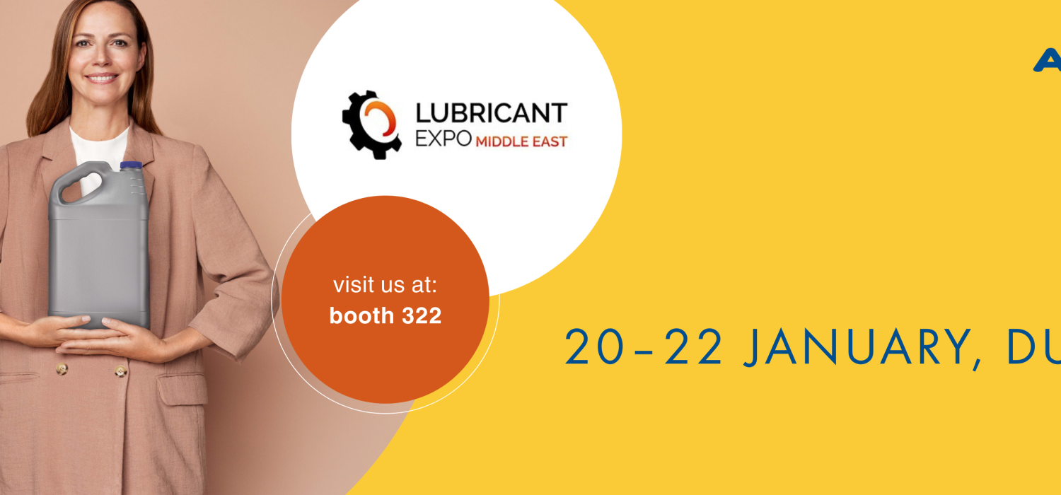 Woman holding a plastic container with ALPLA logo and event dates.