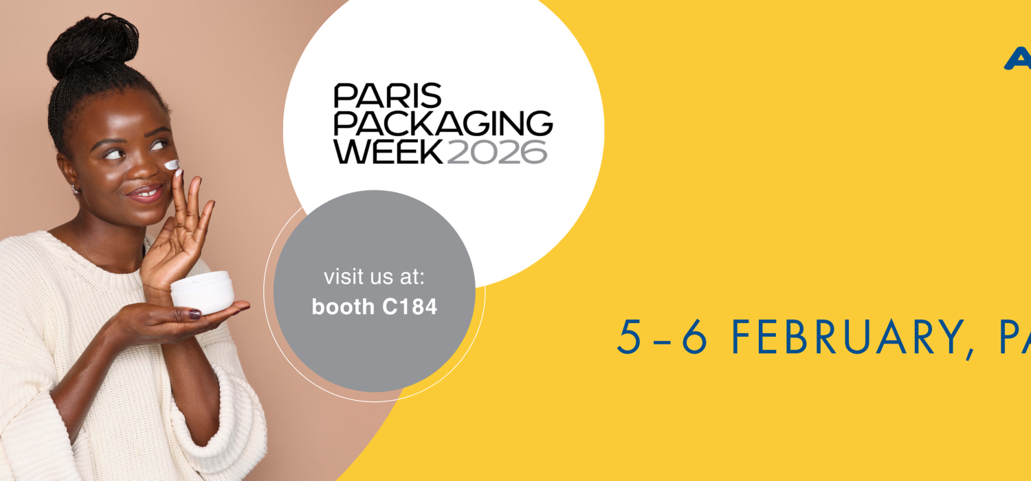 Elegant woman holding a skincare jar, Paris Packaging Week 2022, ALPLA logo.