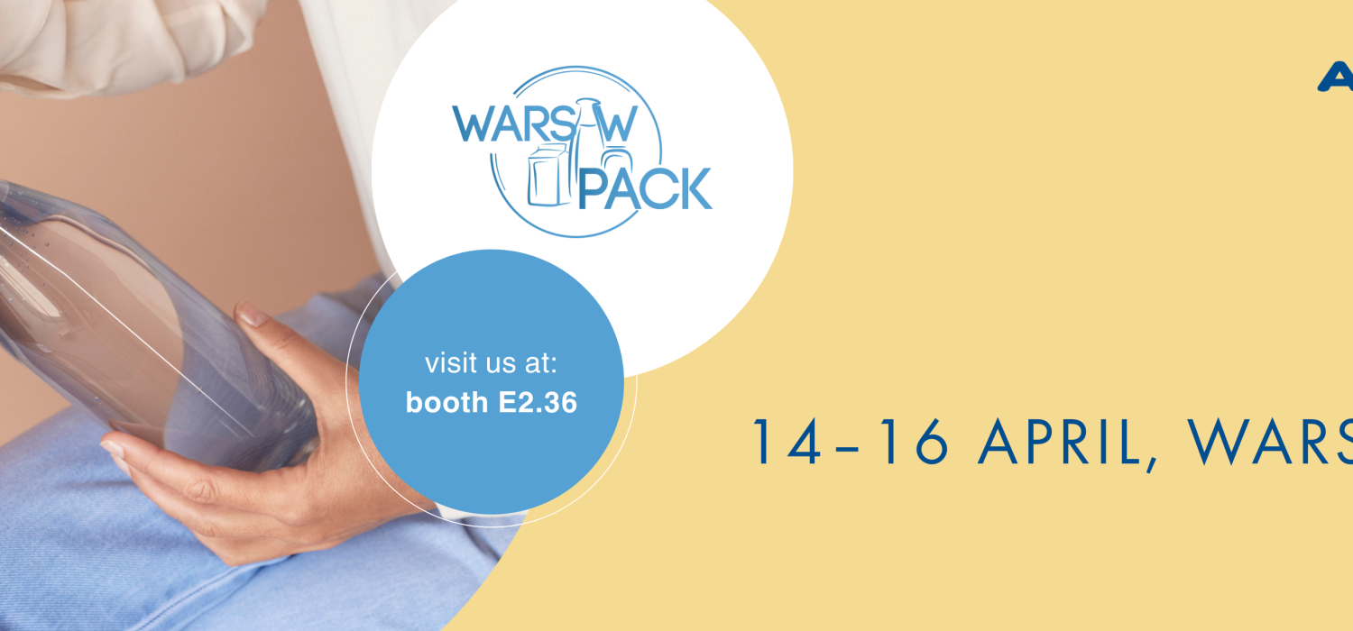 Person holding a clear plastic bottle, ALPLA logo, text about event in Warsaw.