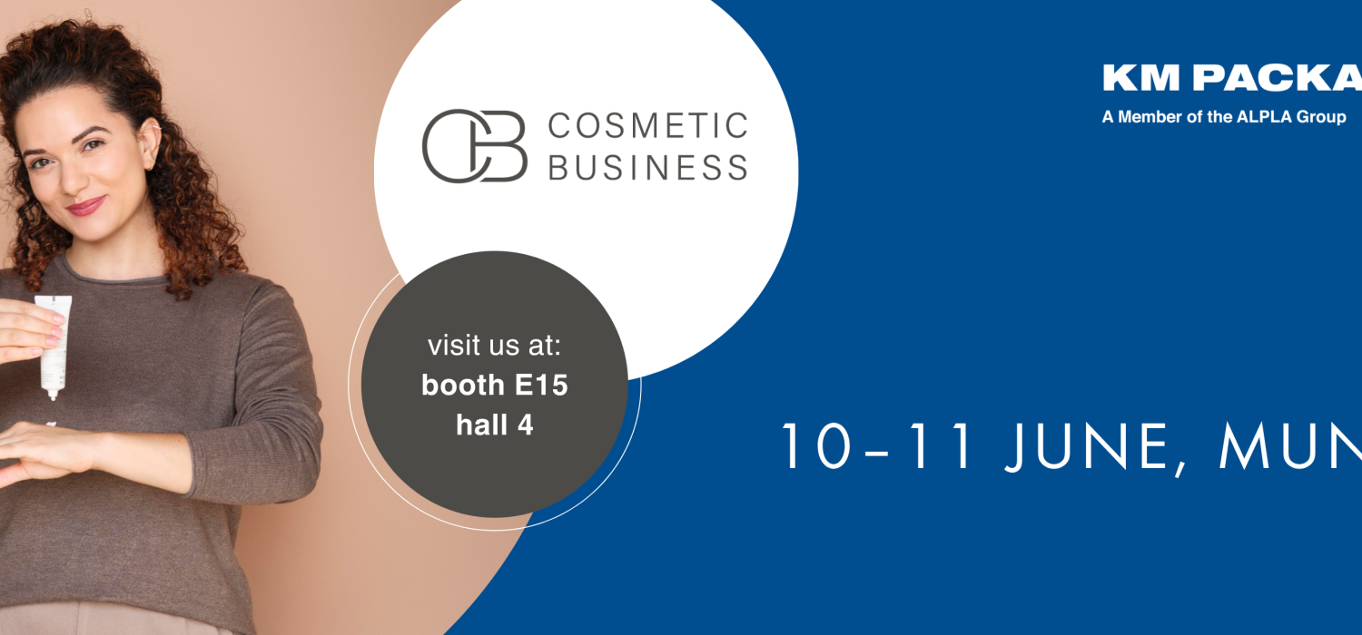 Exhibition banner for Cosmetic Business Munich, 2026, KM Packaging booth E15 hall 4
