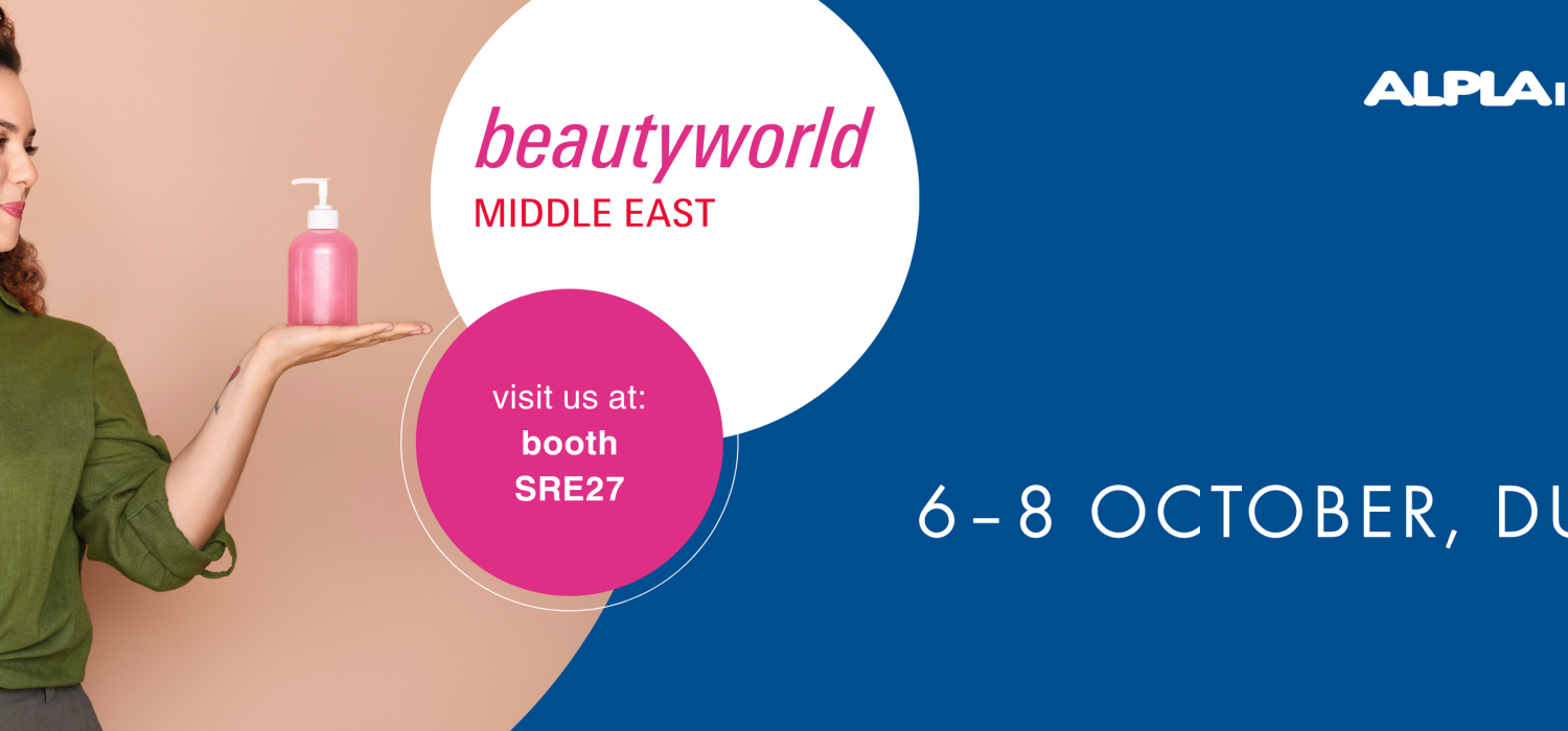 Exhibition banner for Beauty World Middle East Dubai, 2026, ALPLAinject booth SRE27