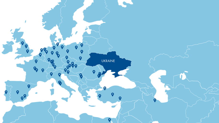 Map of Europe highlighting ALPLA's production network with manufacturing locations surrounding Ukraine to ensure reliable packaging supply.