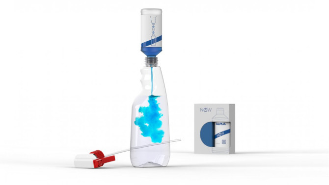 The "NOW" refill sytem manufacatured by ALPLA filled with a blue concentrate