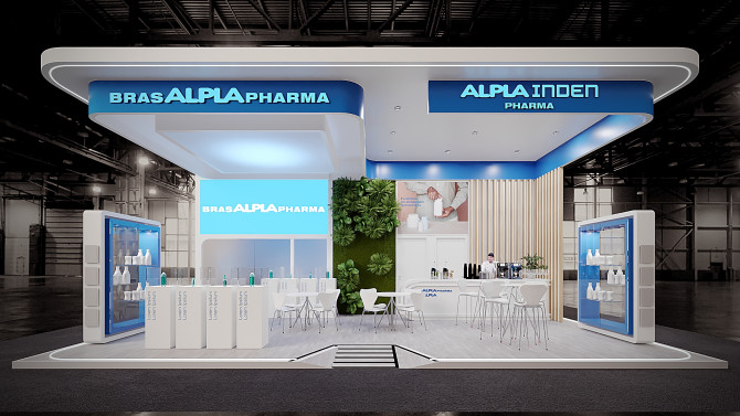 ALPLA exhibition booth with blue and white branding, tables, and chairs.