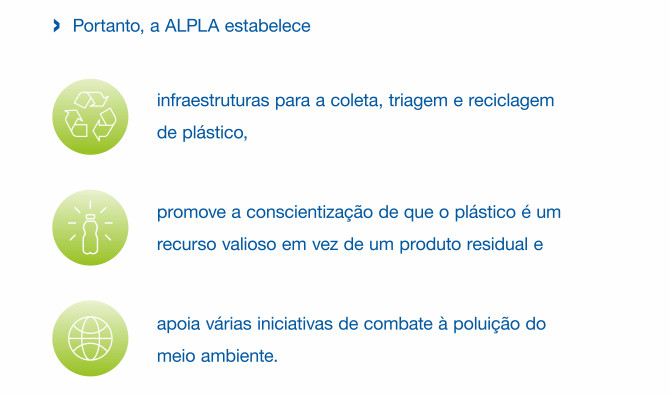 Iniciativas da ALPLA: criação de infraestrutura global de coleta e reciclagem, conscientização sobre o valor do plástico como recurso e apoio ao combate à poluição.