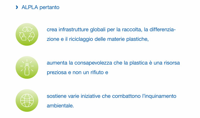 Iniziative ALPLA: creazione di infrastrutture globali di raccolta e riciclo, sensibilizzazione sul valore della plastica come risorsa e lotta all’inquinamento.
