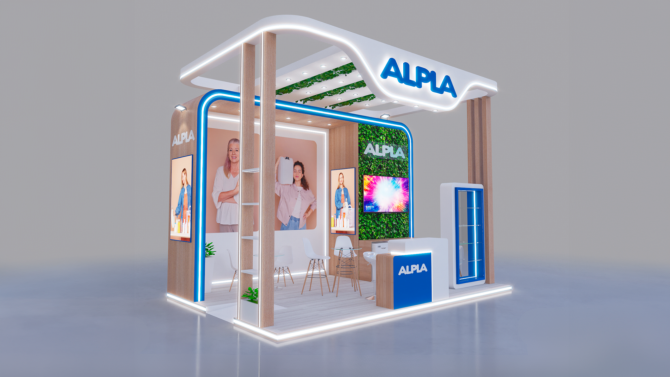 3D rendering of the ALPLA exhibition booth at Pack Perú 2026, featuring product displays, meeting areas, and digital screens