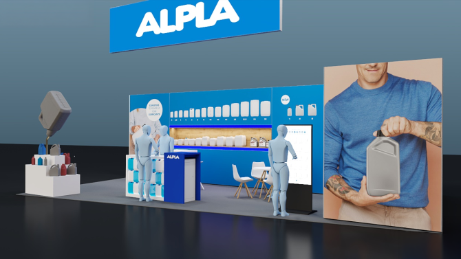 ALPLA exhibition booth with packaging displays and product posters.