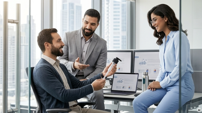 Three colleagues discussing in a modern office, cityscape view in the background.