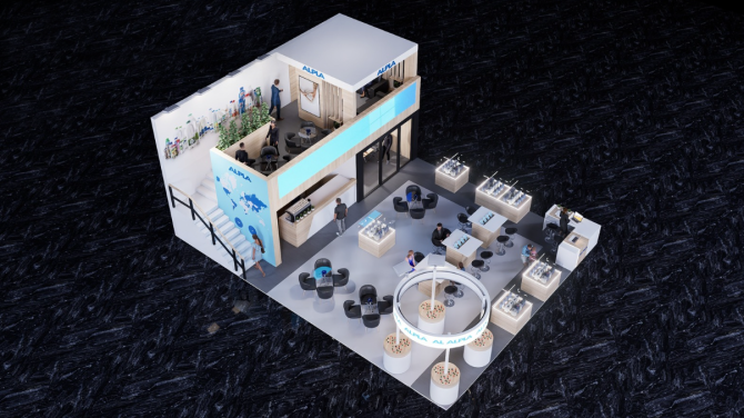 Exhibition stand with modern design, seating areas, display counters, and decorative lights.