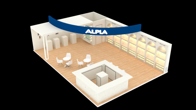 ALPLA exhibition booth with modern design and seating area.