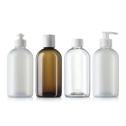 Four plastic bottles: two frosted, one amber, one clear, with varied caps.