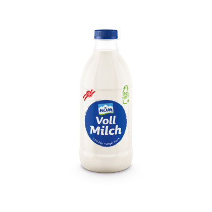White plastic milk bottle with blue cap and label.