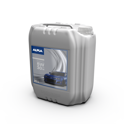 Plastic container with ALPLA logo, silver color, and blue label design.