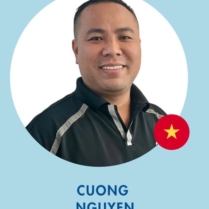 Business Development Manager at ALPLA Smiling man in black shirt, Vietnam flag icon, light blue background.