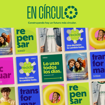 Bright, colorful graphics promoting circular sustainability with diverse smiling people. Campaign En Circulo ALPLA south America