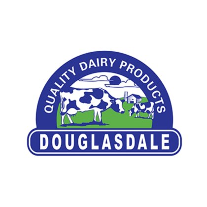 Douglasdale logo with cows and farm scenery in blue and green.