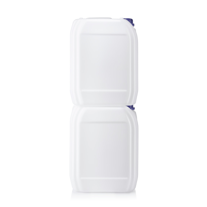 Two stacked 10L canisters in white plastic containers with blue caps.