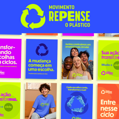 Farbenfrohe Plakate, die für das Recycling von Kunststoffen werben und verschiedene lächelnde Menschen zeigen.