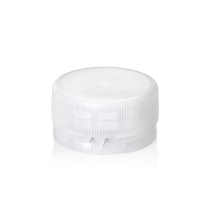 White tethered plastic cap for beverage bottles supporting EU-compliant packaging requirements.