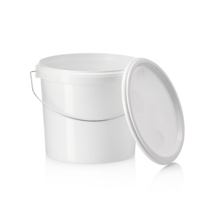 White plastic bucket with lid for industrial applications.