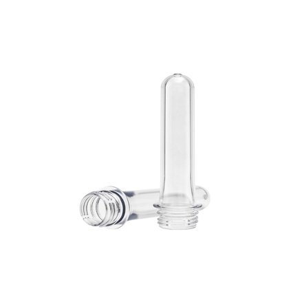 Transparent PET preform for beverage bottle manufacturing and plastic packaging applications.
