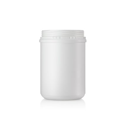 White wide-mouth plastic jar for food, pharmaceutical and industrial packaging applications.
